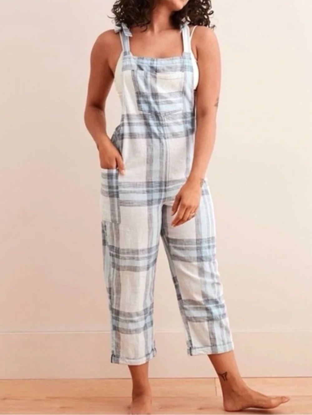 Aerie plaid cropped overalls Sz S Blue White Cotton Farmcore Cottagecore Casual